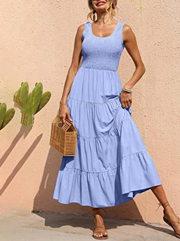 New suspender skirt pleated stitching A-line large hem dress - Clear blue / S