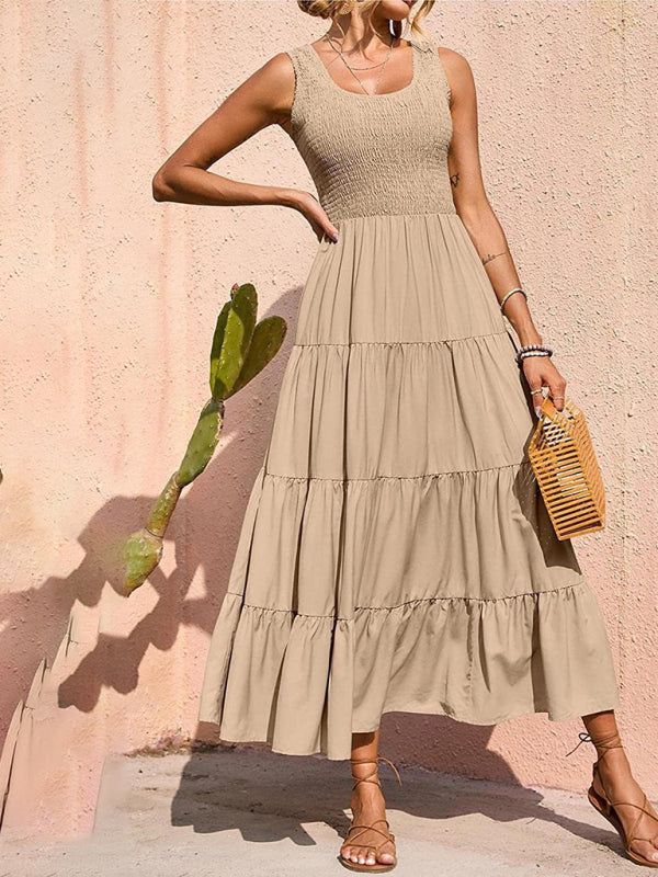 New suspender skirt pleated stitching A-line large hem dress - Khaki / S