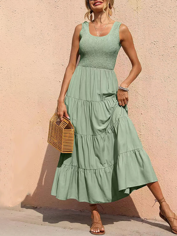 New suspender skirt pleated stitching A-line large hem dress - Pea green grey / S
