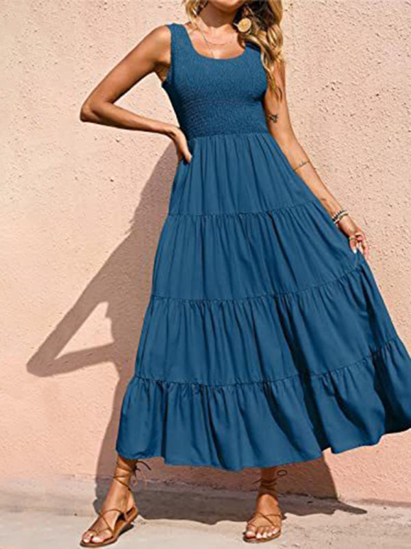 New suspender skirt pleated stitching A-line large hem dress - Peacock blue / S