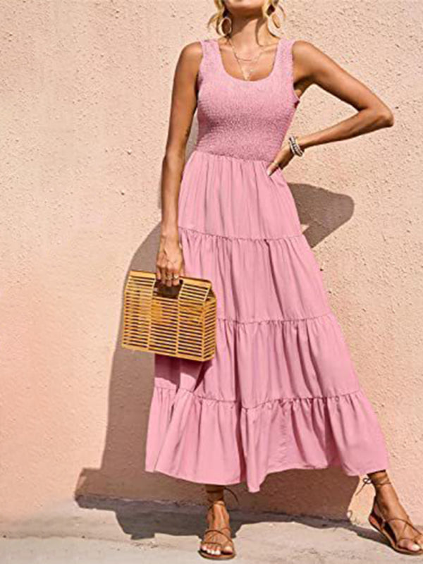 New suspender skirt pleated stitching A-line large hem dress - Pink / S