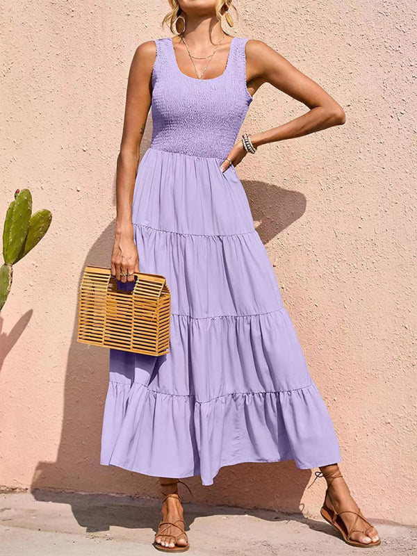 New suspender skirt pleated stitching A-line large hem dress - Purple / S