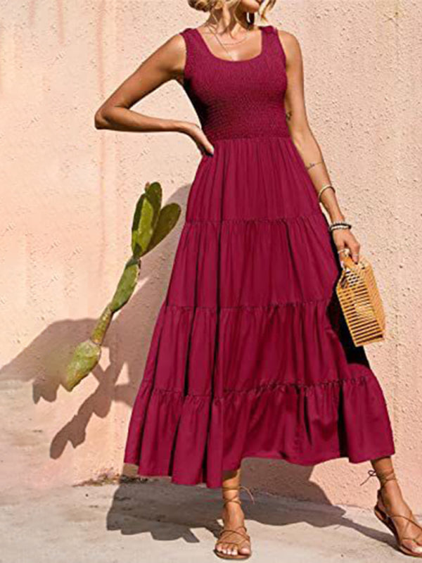 New suspender skirt pleated stitching A-line large hem dress - Red / S