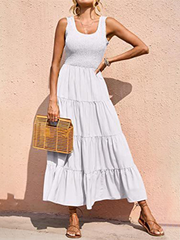 New suspender skirt pleated stitching A-line large hem dress - White / S