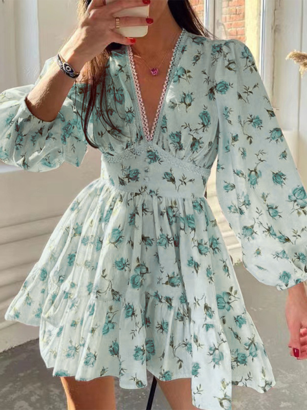 New Sweet Printed V-Neck Lace Short Dress - Green / S