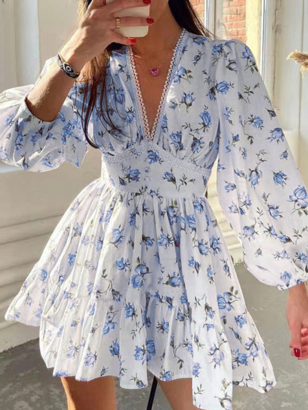New Sweet Printed V-Neck Lace Short Dress - Purple / S