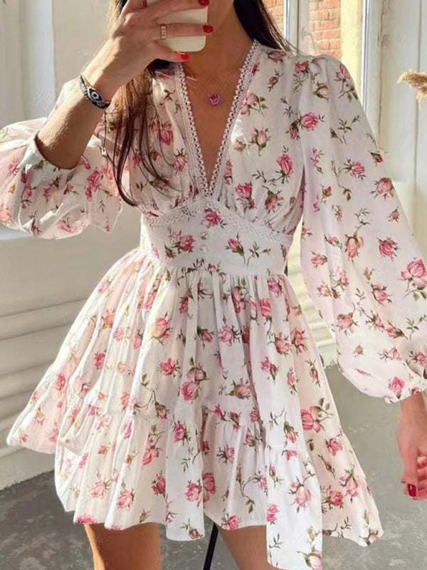 New Sweet Printed V-Neck Lace Short Dress - White / S