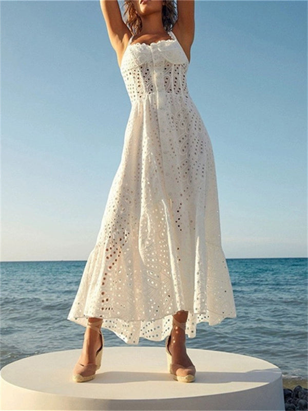 New temperament holiday style suspender irregular fishtail dress - White / S