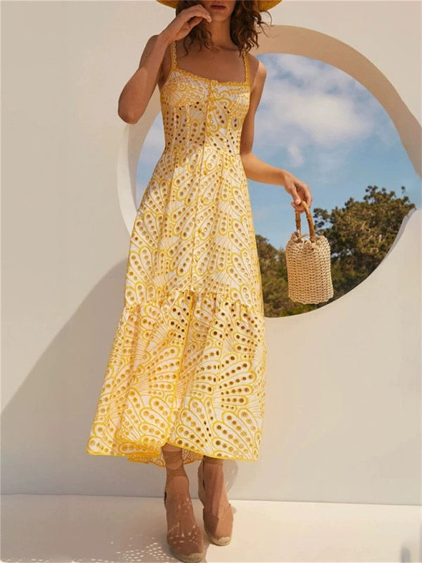 New temperament holiday style suspender irregular fishtail dress - Yellow / S