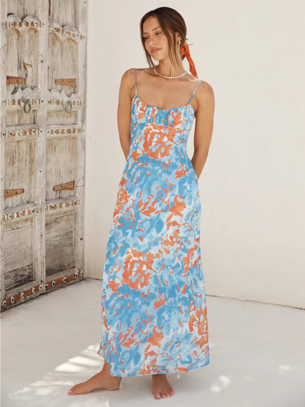 New thin-strap French low-cut suspender dress with beautiful back - Blue / S