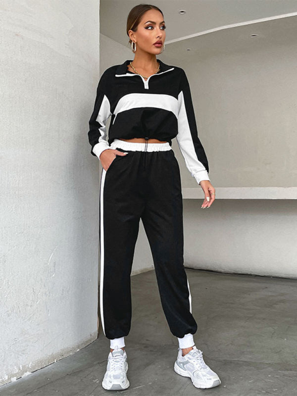 New two-piece spliced stand-collar sweatshirt casual suit - Black / S