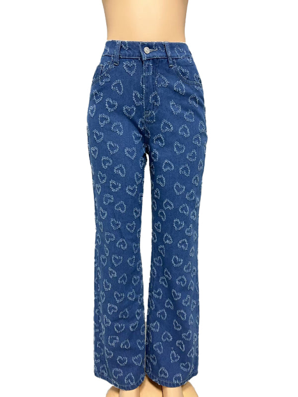 New Valentine’s Day Love Crochet Jeans Casual Washed Straight Trousers