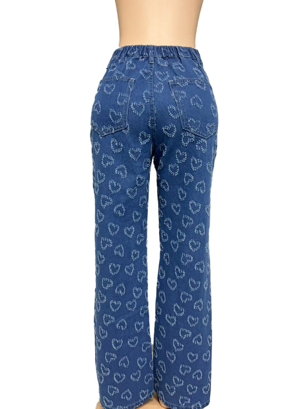 New Valentine’s Day Love Crochet Jeans Casual Washed Straight Trousers