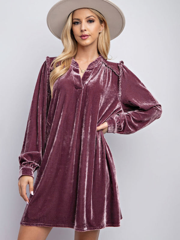 New velvet simple solid color loose straight dress - Lotus root Pink / S