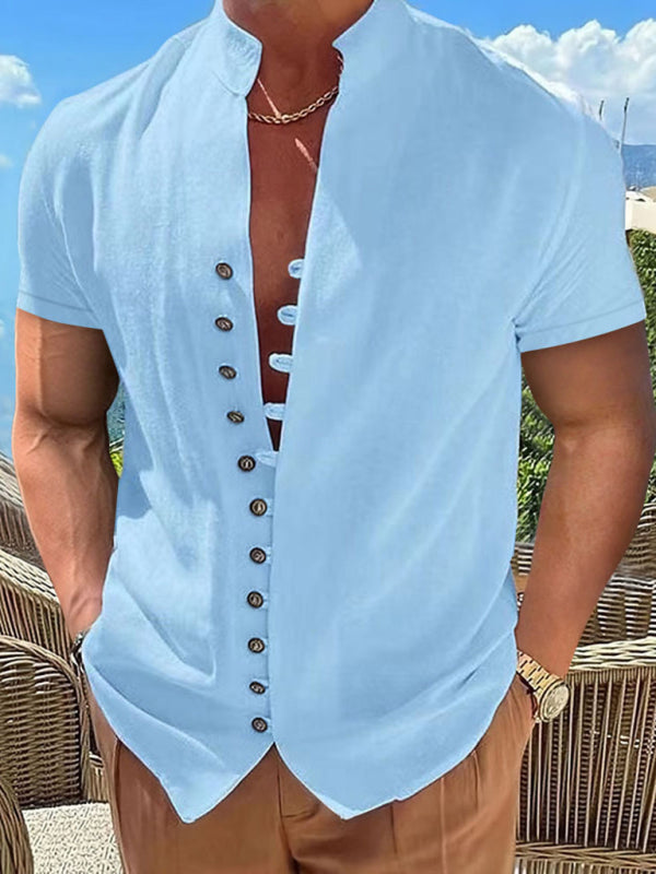 New Vintage Button Stand Collar Short Sleeve Shirt - Clear blue / S
