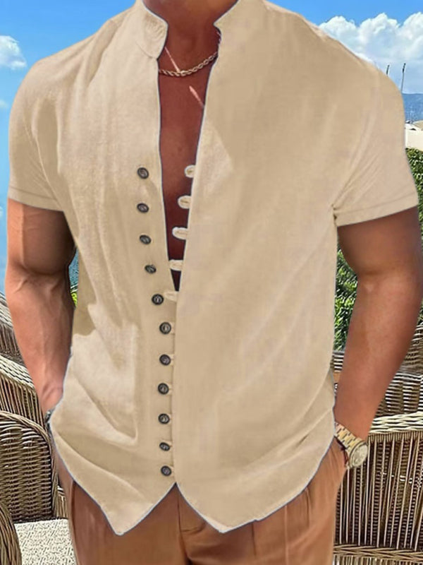 New Vintage Button Stand Collar Short Sleeve Shirt - Khaki / S