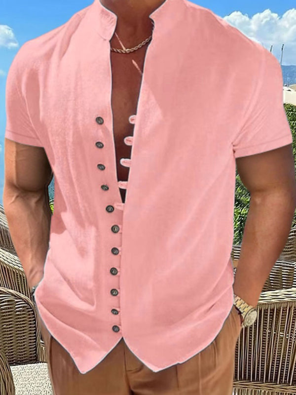New Vintage Button Stand Collar Short Sleeve Shirt - Pink / S