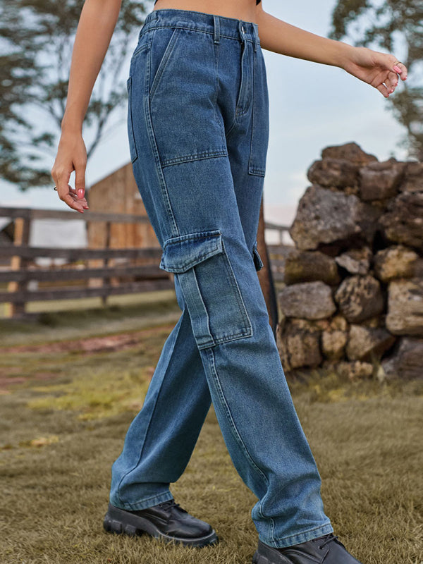New Washed Semi Elastic Design Personalized Denim Workwear Casual Pants