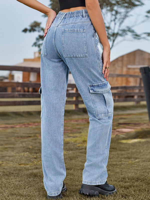 New Washed Semi Elastic Design Personalized Denim Workwear Casual Pants