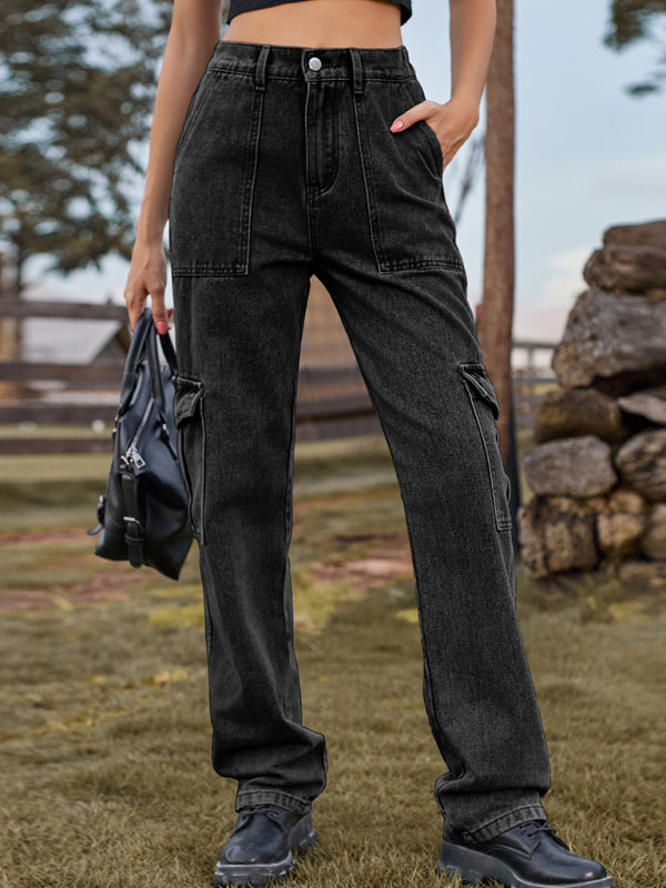 New Washed Semi Elastic Design Personalized Denim Workwear Casual Pants - Black / S