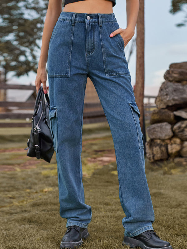 New Washed Semi Elastic Design Personalized Denim Workwear Casual Pants - Purplish blue navy / S