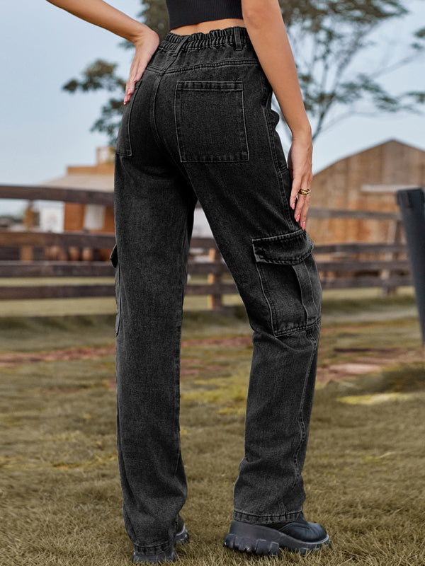 New Washed Semi Elastic Design Personalized Denim Workwear Casual Pants