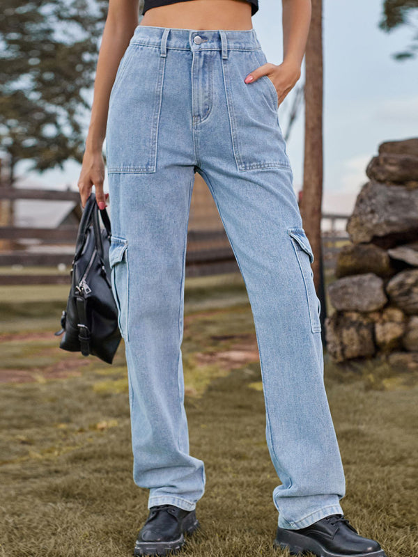 New Washed Semi Elastic Design Personalized Denim Workwear Casual Pants - Clear blue / S