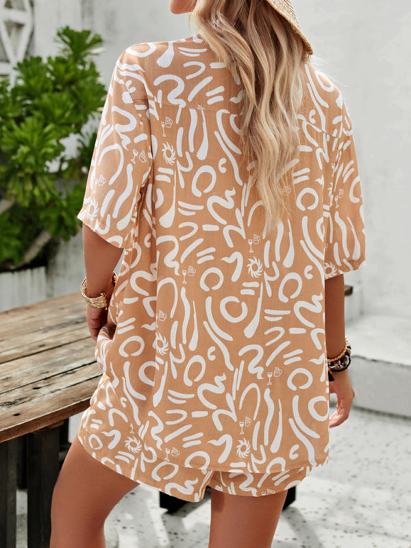 Tan and white patterned shorts suit for women, size chart available for perfect fit