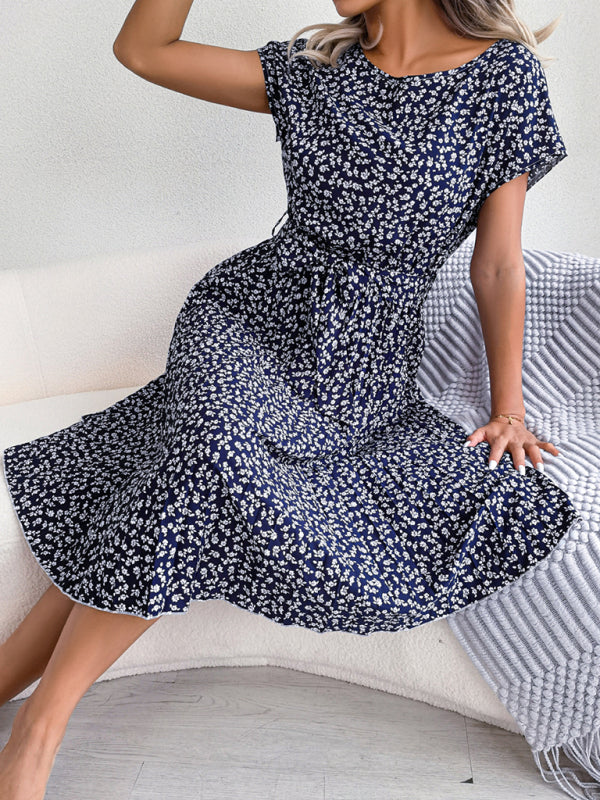 New women’s casual short-sleeved floral large hem pleated dress