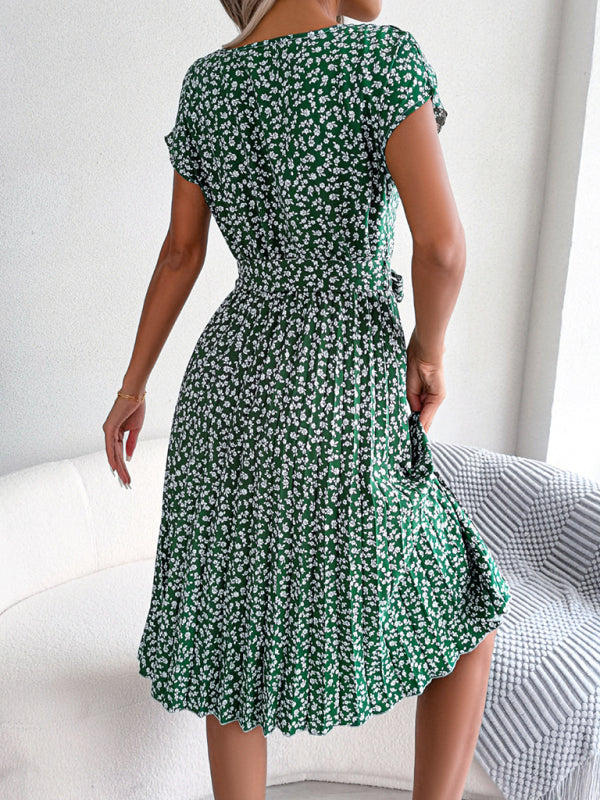 New women’s casual short-sleeved floral large hem pleated dress