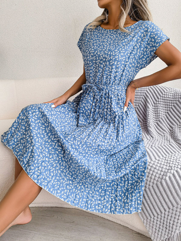 New women’s casual short-sleeved floral large hem pleated dress