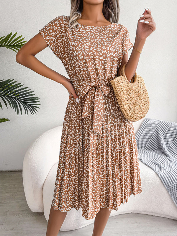 New women’s casual short-sleeved floral large hem pleated dress