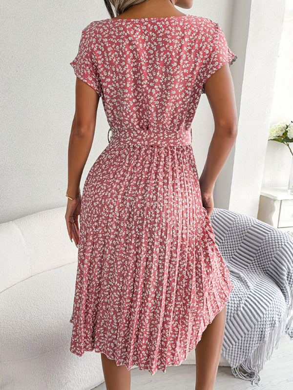 New women’s casual short-sleeved floral large hem pleated dress