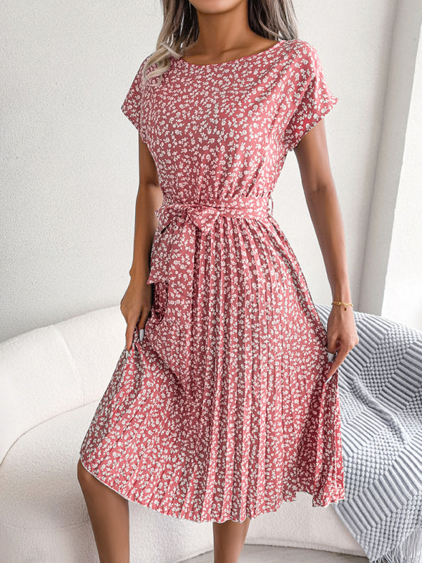 New women’s casual short-sleeved floral large hem pleated dress