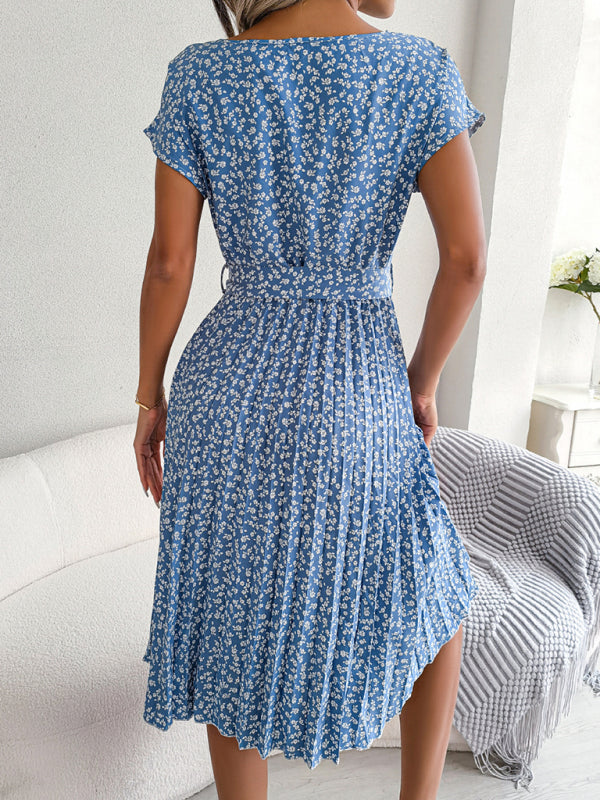 New women’s casual short-sleeved floral large hem pleated dress