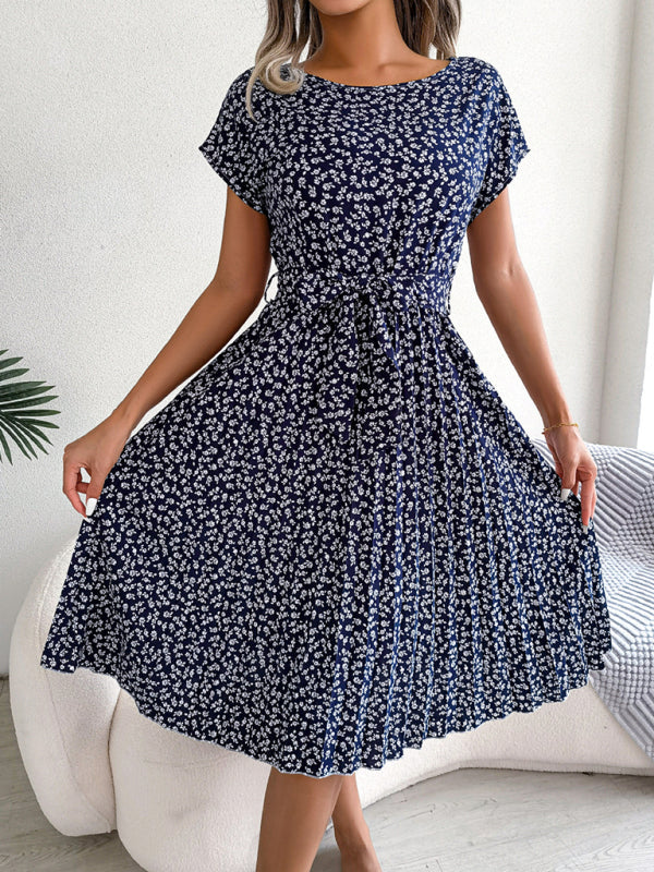 New women’s casual short-sleeved floral large hem pleated dress - Purplish blue navy / S