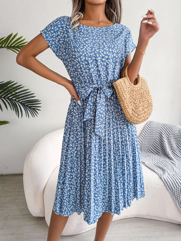 New women’s casual short-sleeved floral large hem pleated dress