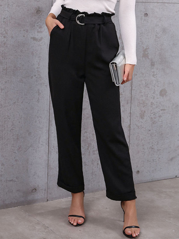 New women’s commuter style lace-up nine-point pants professional elastic pants - Black / S