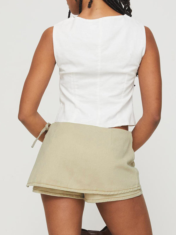 New Women’s Denim Pocket Culottes Lace-Up Low-Rise Denim Shorts