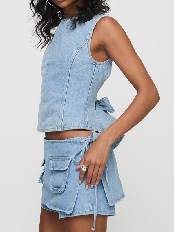 New Women’s Denim Pocket Culottes Lace-Up Low-Rise Denim Shorts