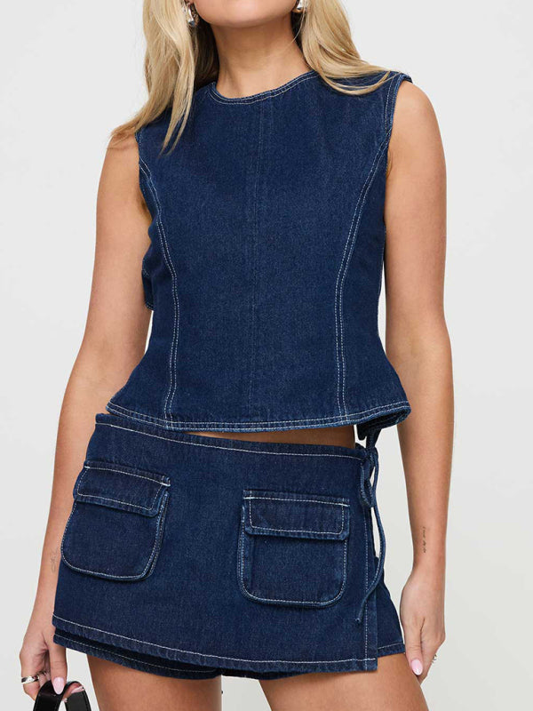 New Women’s Denim Pocket Culottes Lace-Up Low-Rise Denim Shorts - Purplish blue navy / S