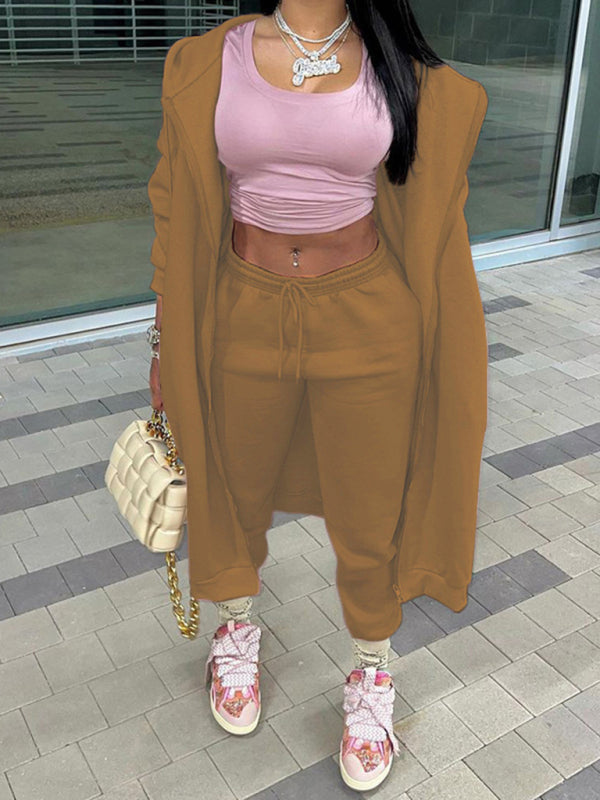 New women’s new fashion long-sleeved hooded casual sports suit two-piece set - Brown / S