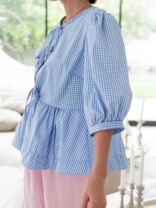 New women’s fashion striped lace-up shirt tops