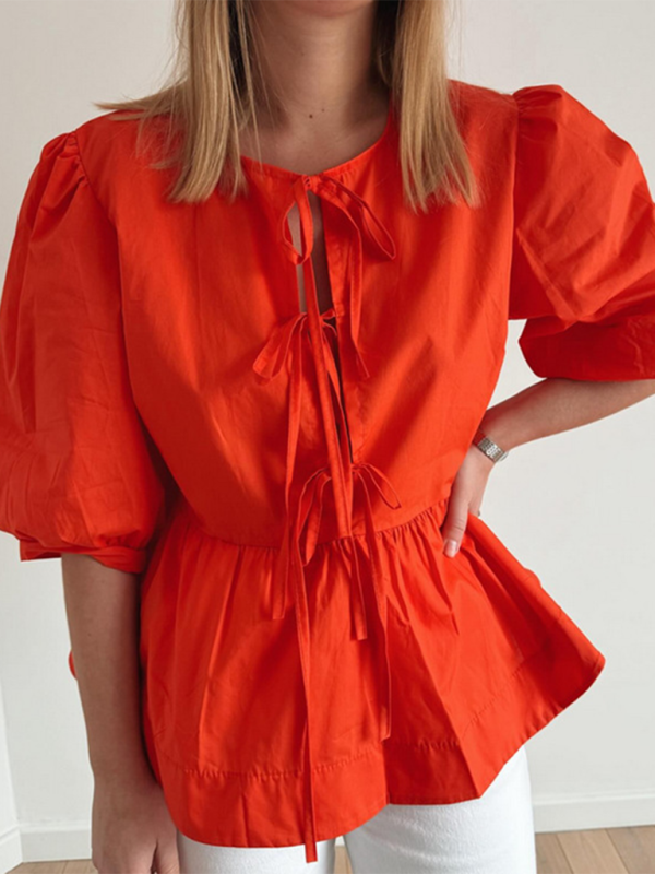 New women’s fashion striped lace-up shirt tops - Orange / S