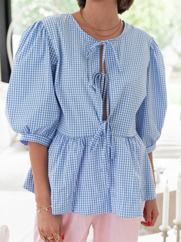 New women’s fashion striped lace-up shirt tops - Pattern6 / S