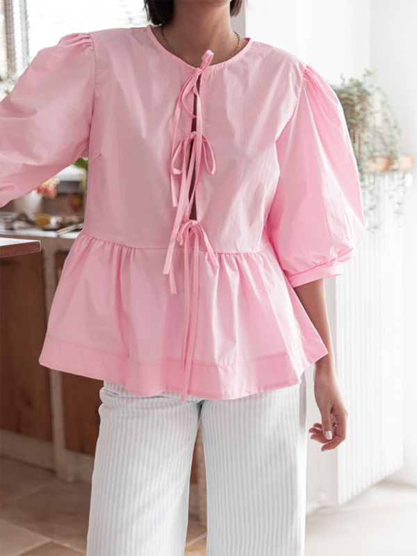 New women’s fashion striped lace-up shirt tops - Pink / S