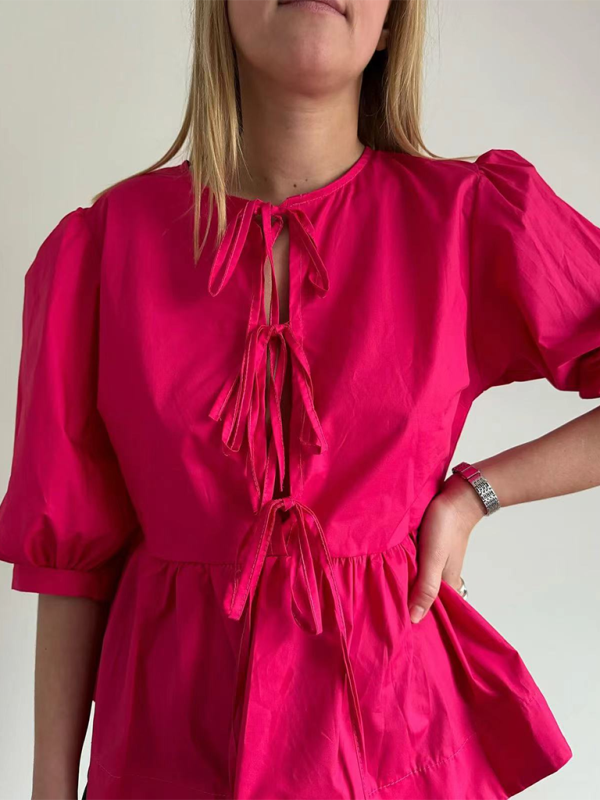 New women’s fashion striped lace-up shirt tops - Rose / S