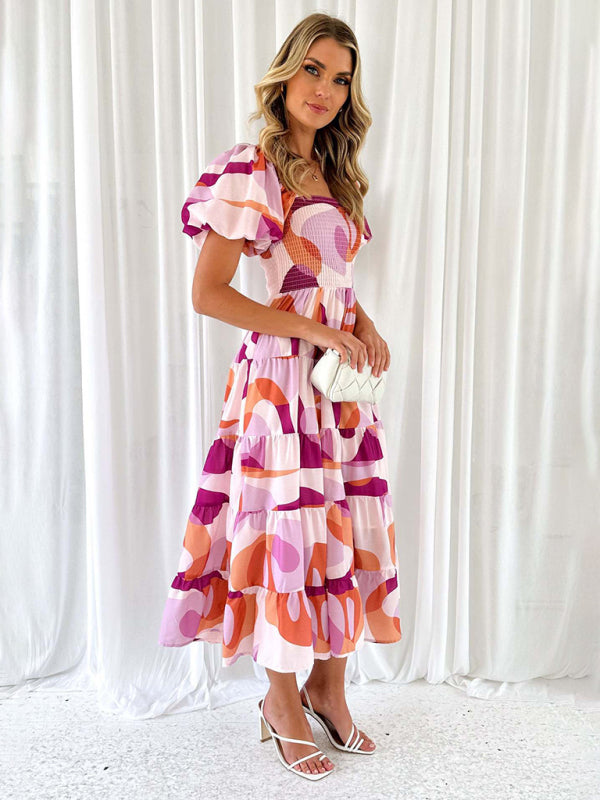 New Women’s Fashionable French Boat Collar Printed Dress