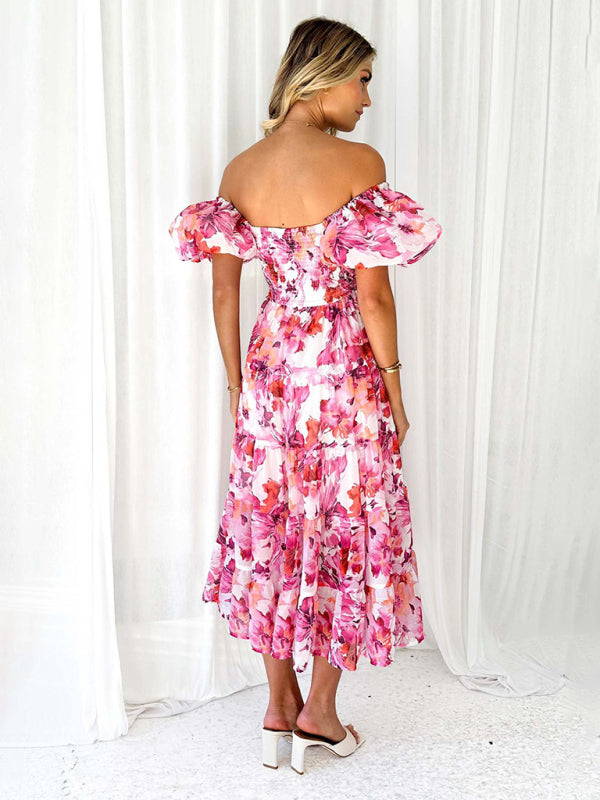 New Women’s Fashionable French Boat Collar Printed Dress