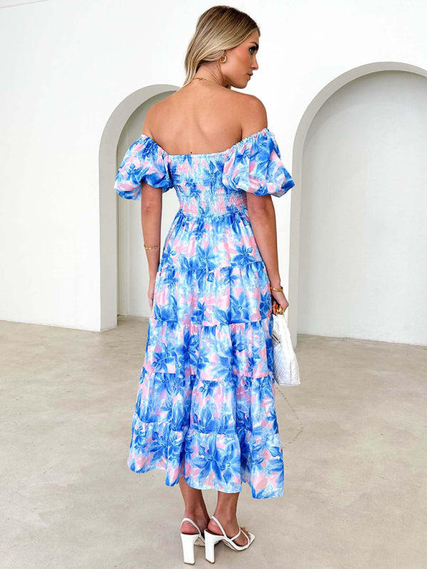 New Women’s Fashionable French Boat Collar Printed Dress